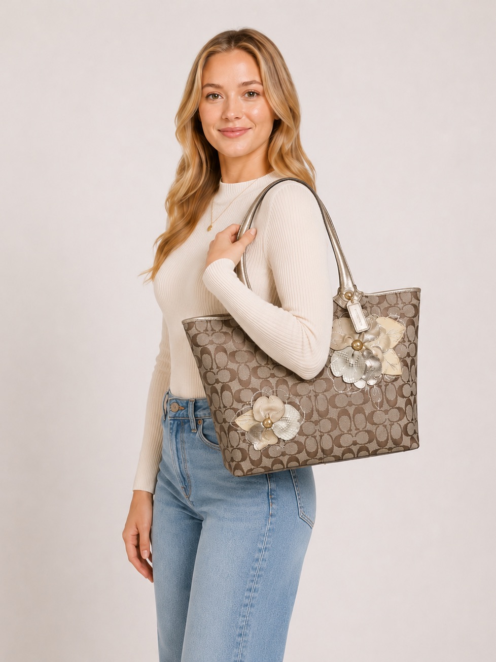 Coach Brown Signature Tote With Metallic Floral Appliqus
